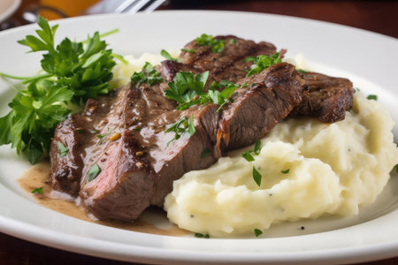 sizzling steak, paired with creamy mashed potatoes and plenty of fresh herbs, created with generative aiの素材