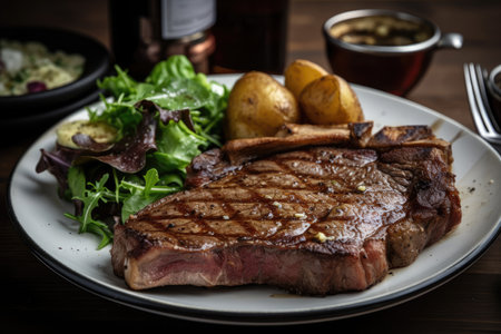 classic dinner of steak and potatoes, with green salad on the side, created with generative aiの素材