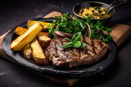 juicy steak, topped with crispy fried potatoes, and garnished with fresh herbs, created with generative aiの素材