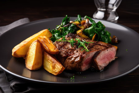 juicy steak, topped with crispy fried potatoes, and garnished with fresh herbs, created with generative aiの素材