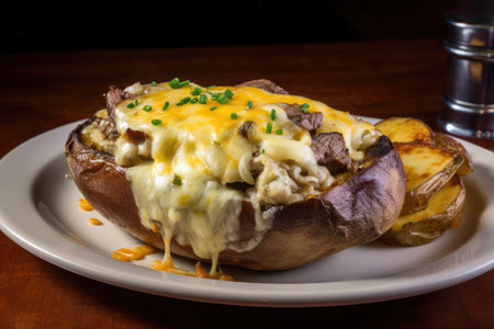 hearty portion of steak and baked potato topped with melted cheese, created with generative aiの素材