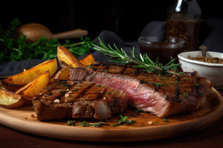 juicy steak and crispy golden-brown potato wedges, ready to be devoured, created with generative aiの素材