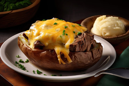 hearty portion of steak and baked potato topped with melted cheese, created with generative aiの素材