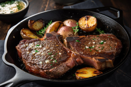 steak and potatoes on cast-iron skillet, with aromatic seasoning and slice of butter, created with generative aiの素材