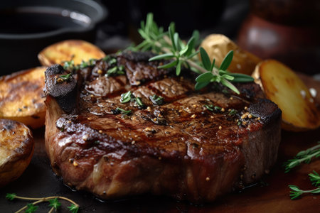 close-up of steak and sprigs of fresh thyme, with potatoes in the background, created with generative aiの素材