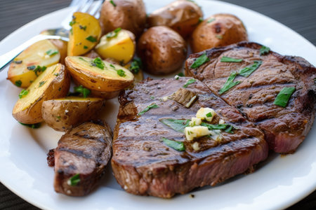 grilled steak, with roasted potatoes and garlic butter, created with generative aiの素材