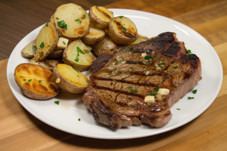 grilled steak, with roasted potatoes and garlic butter, created with generative aiの素材
