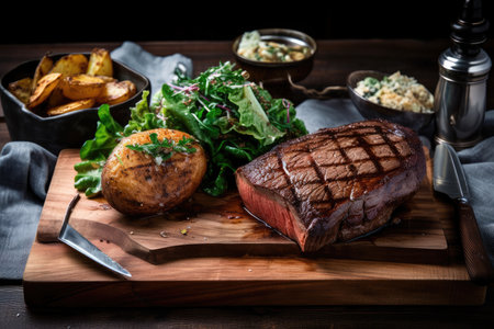 steak, baked potato, and side of green salad on wooden board, created with generative aiの素材