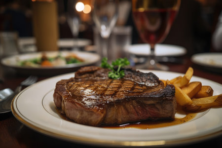 classic steak and potatoes with french fried in the background, created with generative aiの素材