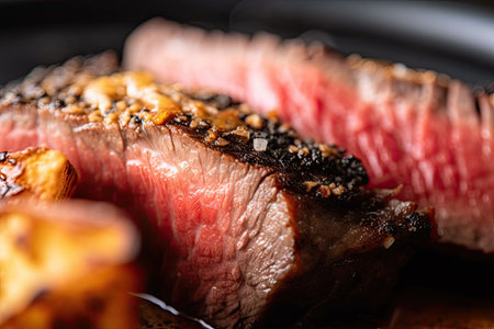 close-up of steak with flash fry and golden crust, created with generative aiの素材