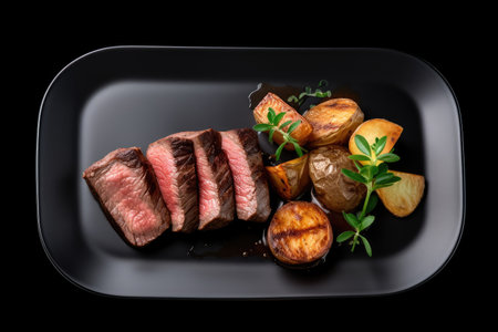 steak and potatoes on black plate with white background, created with generative aiの素材