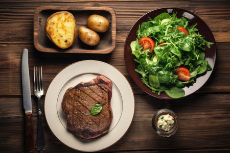 steak, baked potato, and green salad on wooden table, created with generative aiの素材