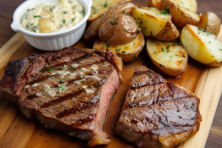 steak and potatoes, with side of garlic bread, for classic and comforting dinner, created with generative aiの素材