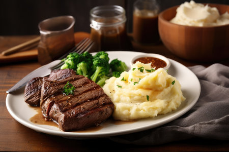 classic steakhouse dinner with juicy steak and creamy mashed potatoes, created with generative aiの素材