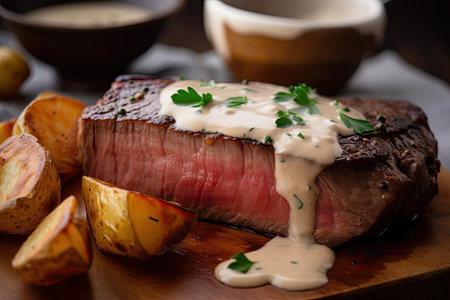 cut of steak, close-up, with potatoes and sauce nearby, created with generative aiの素材