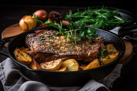 skillet full of juicy steak, topped with crunchy fried potatoes and fresh herbs, created with generative aiの素材