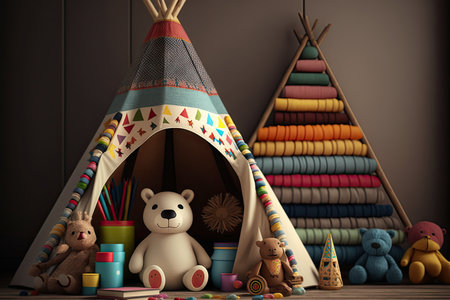 childs teepee surrounded by colorful toys, stuffed animals, and books, created with generative aiの素材