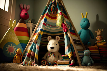 childs teepee surrounded by colorful toys, stuffed animals, and books, created with generative aiの素材