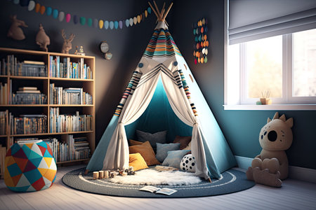 teepee surrounded by books and toys for cozy reading nook, created with generative aiの素材