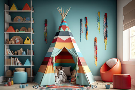 the interior of the teepee with a colorful wall, toys and books for reading, created with generative aiの素材