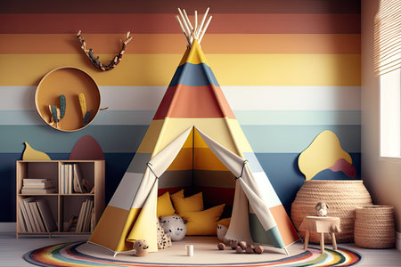 the interior of the teepee with a colorful wall, toys and books for reading, created with generative aiの素材