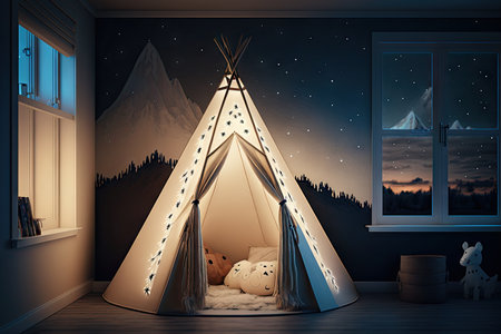 teepee in child room with fairy lights and dreamy night sky visible through the window, created with generative aiの素材