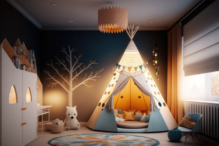 modern teepee with retractable blinds, ceiling lights and hanging lanterns in child room, created with generative aiの素材