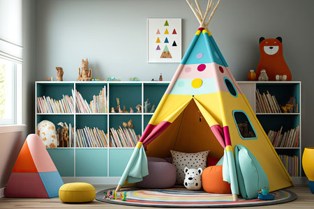 fun and colorful teepee in child room with toys, books and stuffed animals placed inside, created with generative aiの素材