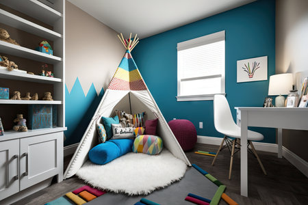 child room with fun and colorful teepee, plush carpet, and art supplies, created with generative aiの素材