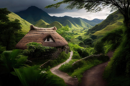 beautiful thatched house with valley and mountain views, surrounded by lush greenery, created with generative aiの素材