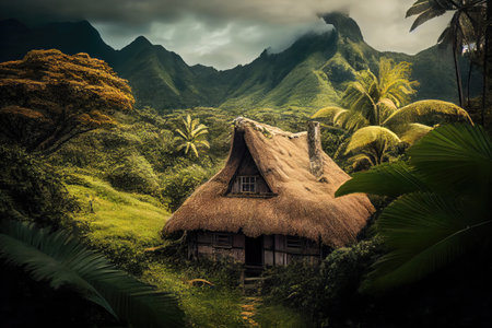 thatch house surrounded by lush vegetation, with mountains in the background, created with generative aiの素材