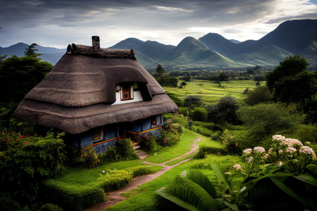view of thatched house, surrounded by lush greenery, with mountains in the background, created with generative aiの素材