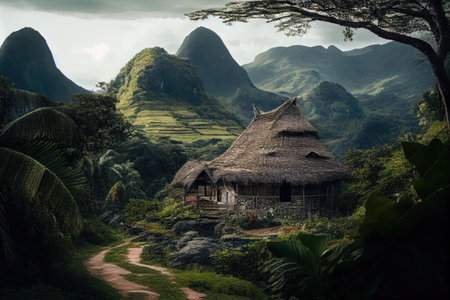 view of thatched house, surrounded by lush greenery, with mountains in the background, created with generative aiの素材