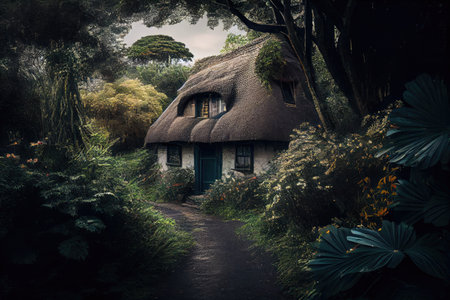 a thatched house surrounded by lush greenery in a remote location, created with generative aiの素材
