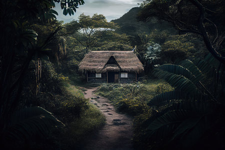 a thatched house surrounded by lush greenery in a remote location, created with generative aiの素材