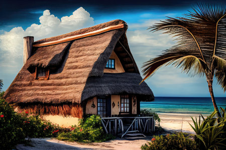 thatched house on the beach, overlooking the ocean, created with generative aiの素材