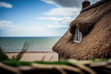 close-up of thatched roof, with view of the sea in the background, created with generative aiの素材