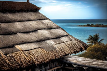 close-up of thatched roof, with view of the sea in the background, created with generative aiの素材