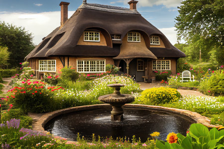 thatched house with garden and fountain, surrounded by blooming flowers, created with generative aiの素材
