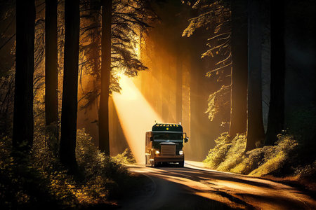 truck drives through dense forest on winding road, with the sun shining through the trees, created with generative aiの素材