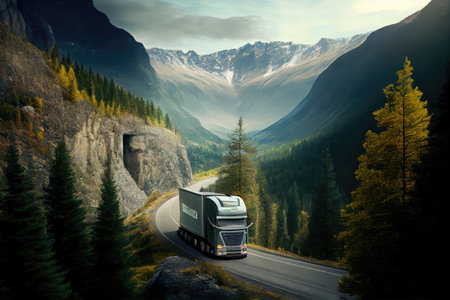 truck driving on winding forest road with view of the valley below, created with generative aiの素材