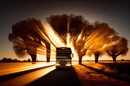 truck speeding past a row of trees, with the sun shining through, created with generative aiの素材