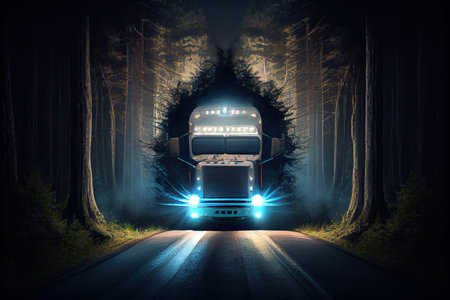 truck flying down forest road, its headlights shining through the trees, created with generative aiの素材