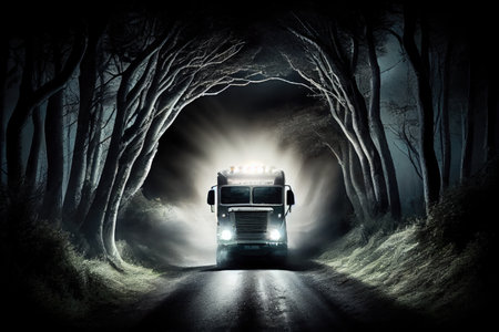 truck flying down forest road, its headlights shining through the trees, created with generative aiの素材