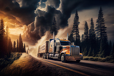 truck racing down forest road with dramatic sky in the background, created with generative aiの素材