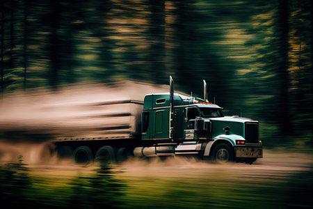 truck speeding past forest with blurry trees in the background, created with generative aiの素材