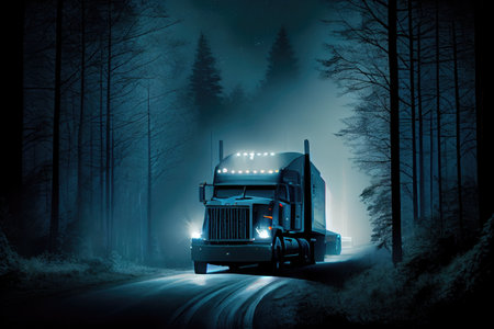 truck storming down forest road, its headlights illuminating the night sky, created with generative aiの素材