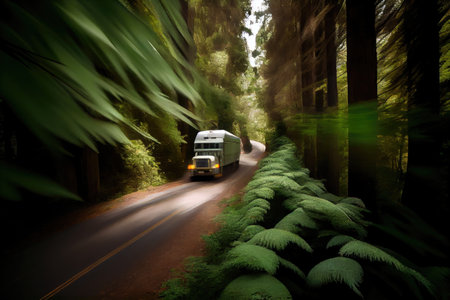 truck speeding past trees and shrubs on winding forest road, created with generative aiの素材
