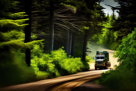 truck speeding past trees and shrubs on winding forest road, created with generative aiの素材