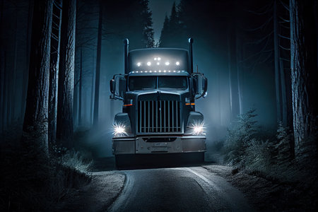 truck, barreling down a forest road at night, with only its headlights illuminating the way, created with generative aiの素材